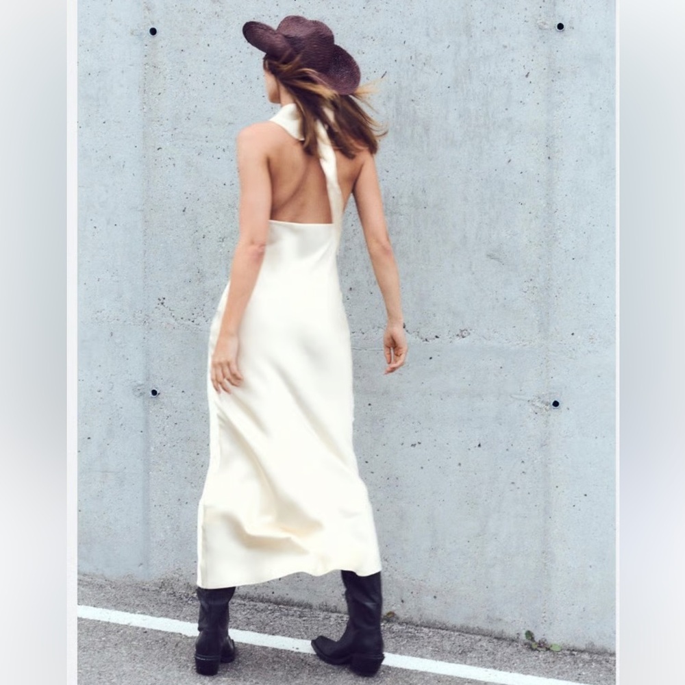 NWT Zara Satin Effect Scarf Halter-neck Long Dress in Cream Ivory Size S - Picture 4 of 14